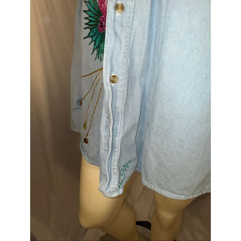 Basic Editions Oversized Denim Shirt 3X – Hand Embellished Floral & Butterfly We